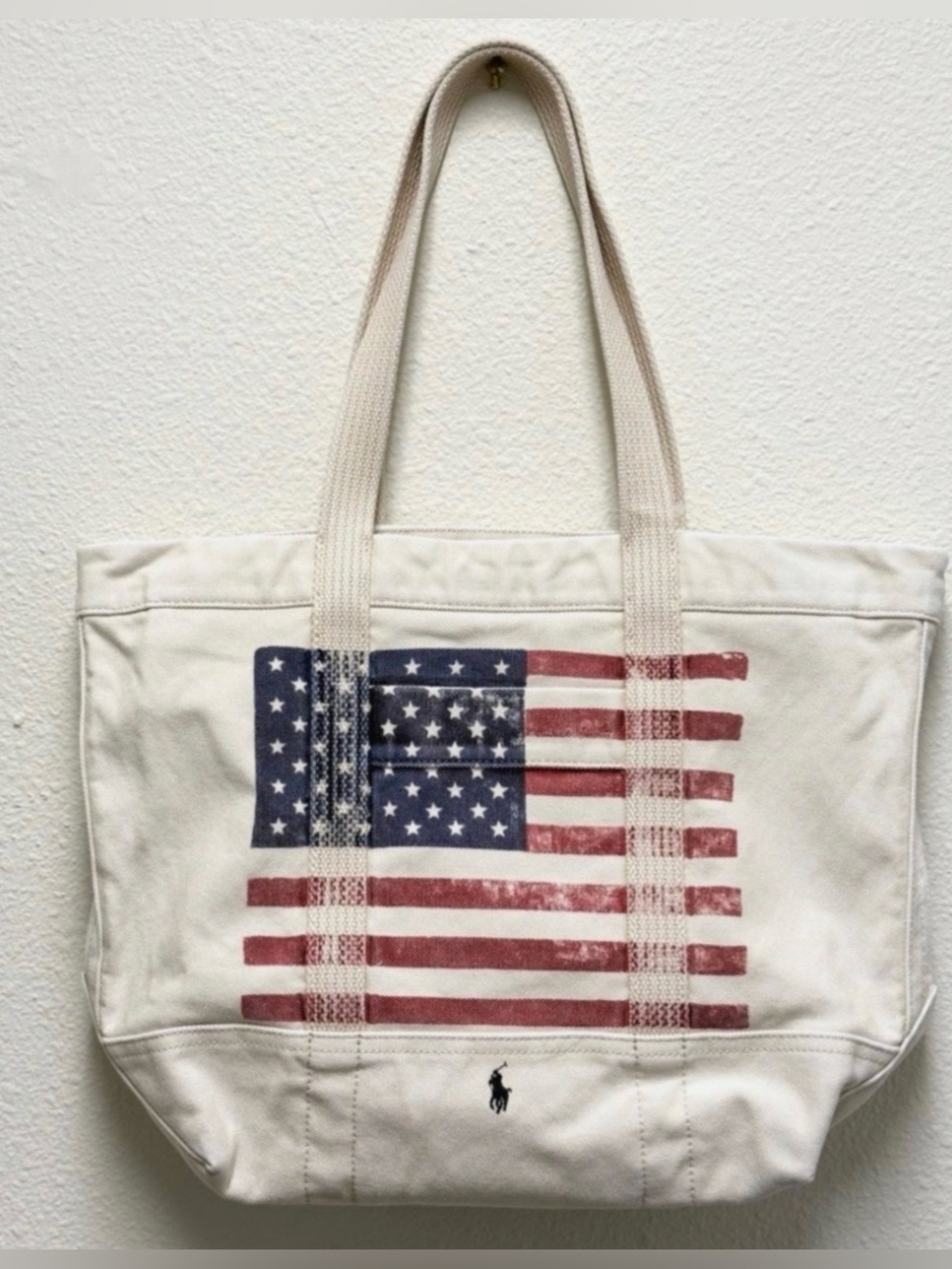 Polo Ralph Lauren Natural DISTRESSED AMERICAN FLAG Canvas Tote Bag